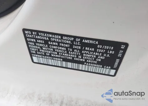 2013 Volkswagen Passat 2.0L Tdi Se z USA, uszkodzony, nr VIN 1VWBN7A3XDC109658